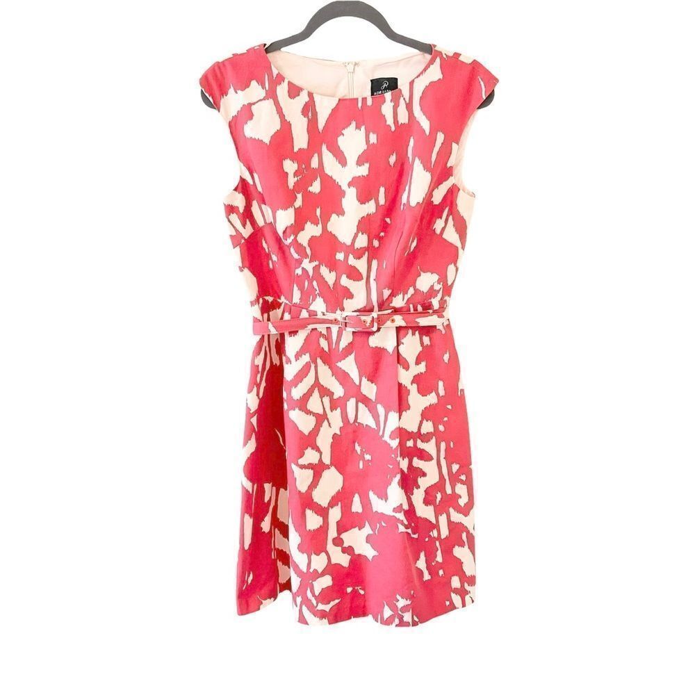 Adrianna Papell Fit & Flare Dress Pink White Belted 6